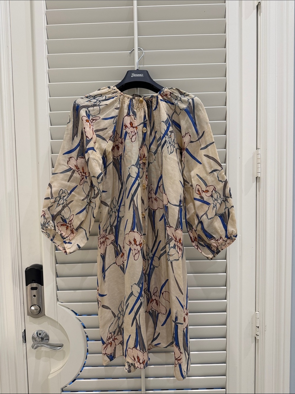 Tucker Beige Floral Long Sleeve Midi Dress with Blue & Pink Print